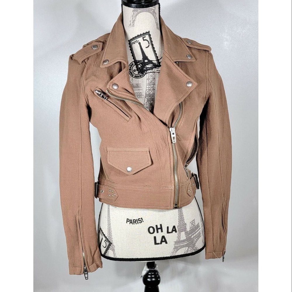 BLANK NYC Denim Textured Cotton Moto Jacket, Tan / Brown, Womens X-Small NWOT